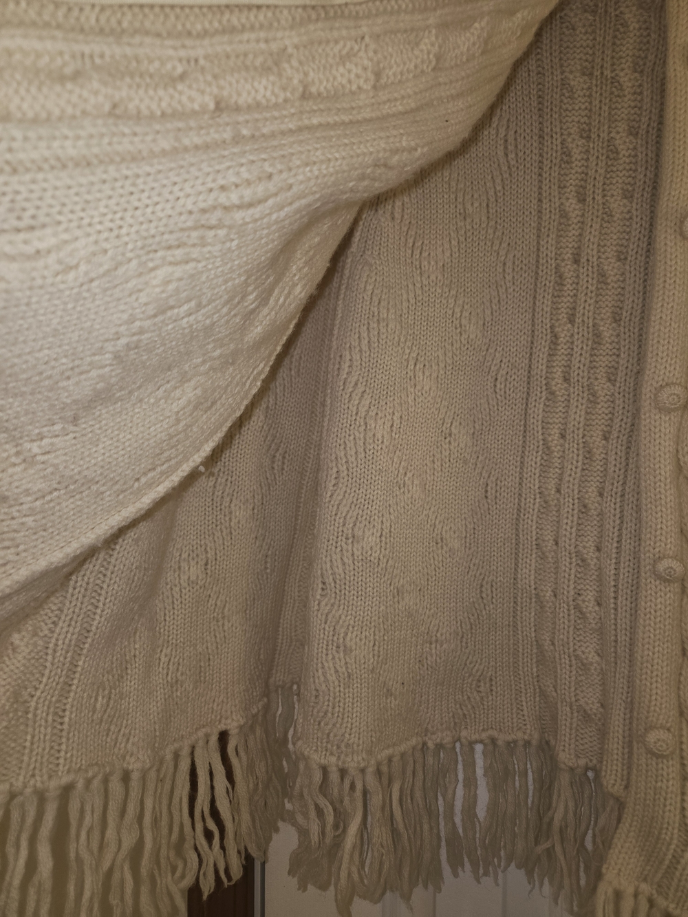 Retro Barbara Lee Cream Cable Knit Fringe Button-Front Women's Sweater Cape - Picture 4 of 6